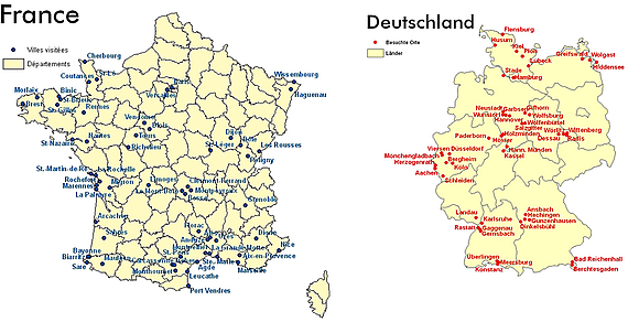 Collage: Germany and France with the venues of the planning seminar.